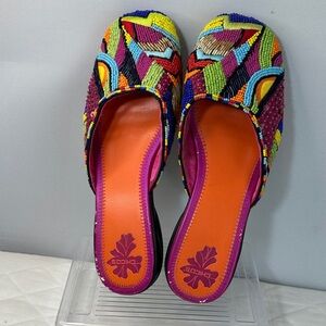 Chico's Key Largo Women Size 9 M Artsy Bold Beaded Sequins Mules Flat Slip On